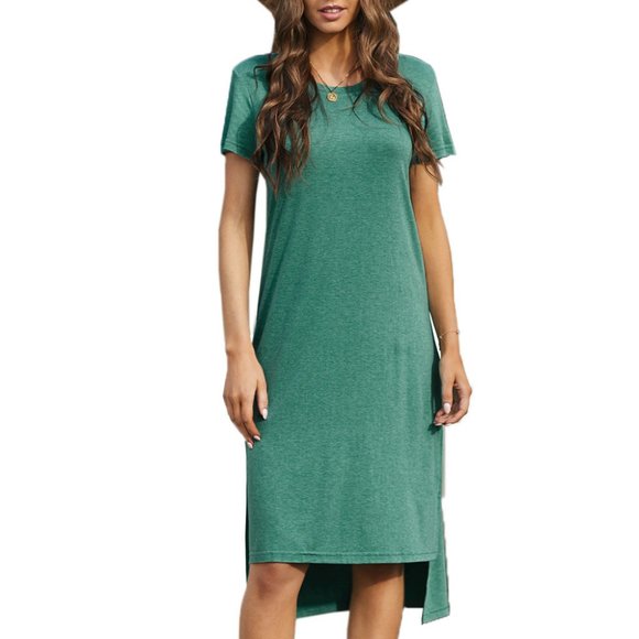 Dreamkue Dresses & Skirts - Green Casual Short Sleeve T-shirt Midi Dress with High Splits